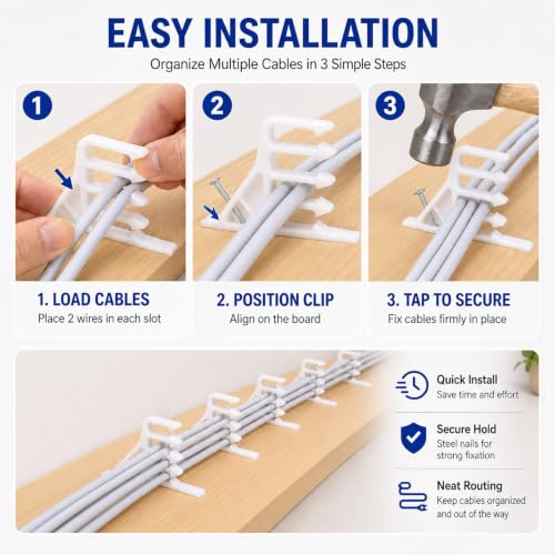 Multi-Cable Staples 200 Pack, White Electrical Wire Stackers, Steel Nails - color: White