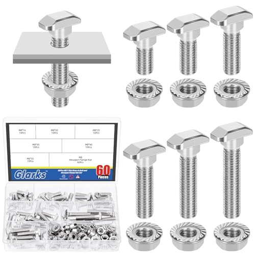 Glarks 120pcs M8 T Slot Drop-in Bolt with Hexagon Flange Nut Set, 16/20/25/30/35/40MM Hammer Head T-Bolt, T Shape Stud Sliding Screw Assortment Kit - size: M8