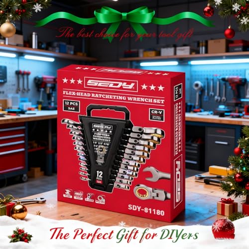 SEDY Premium 12-Piece SAE Flex-Head Ratchet Wrenches Set 1/4"-7/8" with Magnetic Organizer, Cr-V Steel Ratcheting Wrench Set with 72 Teeth 180° Flex Head, Ratchet Combination Wrench Set for Repair - style: 12-Piece Flex-Head (SAE)
