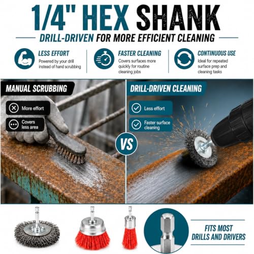 9-Piece Drill Brush Set, 6 Abrasive Nylon Brushes & 3 Wire Brushes for Drill, Wheel Cup and End Brushes with 1/4 Inch Hex Shank for Rust Removal, Paint Stripping and Surface Preparation