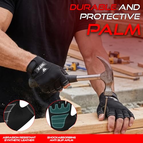 WFX Tough Fingerless Performance Gloves Protection Work Gloves, Padded Palm, Half-Finger Non-Slip Working Men Women - size: Medium