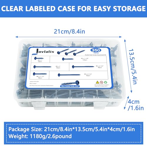 Pocket Hole Screws 350 PCS, 5 Sizes #8 x 1 to 2-1/2" Coarse Thread Wood - color: 350PCS(Blue Coated)