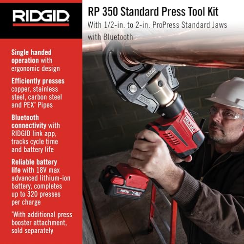 RIDGID 67053 RP 350 ProPress 8-Piece Pressing Tool Kit with 18-Volt Battery, Charger, 4 ProPress Press Tool Jaws (1/2" to 2"), and Case - style: Battery Kit W/ProPress Jaws (1/2" - 2" Jaws Capacity)