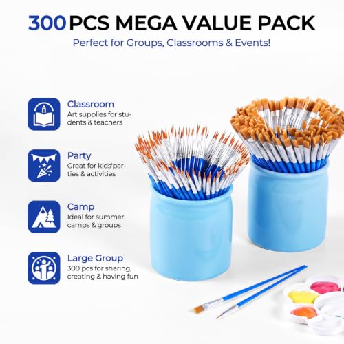 Smallbudi 300 PCS Small Paint Brushes Bulk for Kids Classroom - size: 150Flat+150round