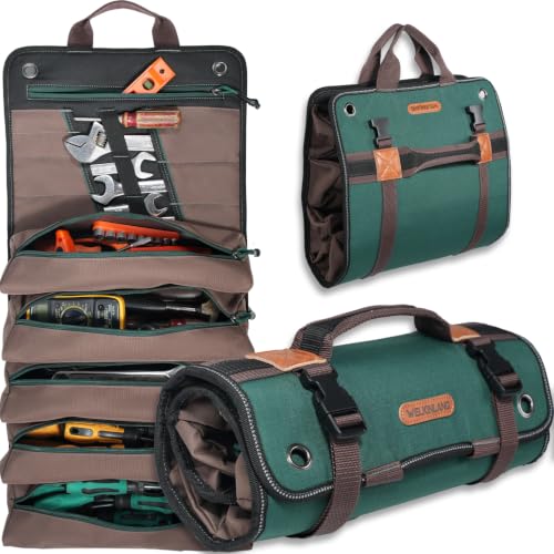 WELKINLAND 15-Pocket Tool Roll - Heavy-Duty, Green-RipStop, 15L Capacity