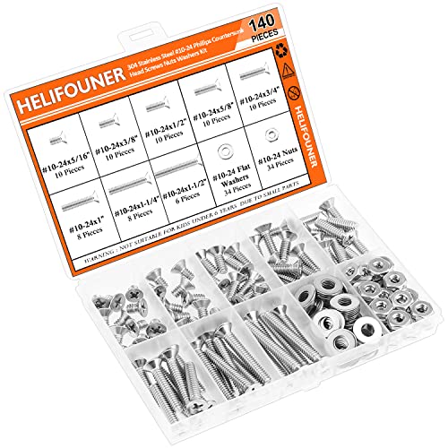 HELIFOUNER 140 Pieces #10-24 Phillips Countersunk Head Machine Screws Nuts Washers Assortment Kit, Coarse Thread, Fully Machine Threaded, 304 Stainless Steel - size: #10-24