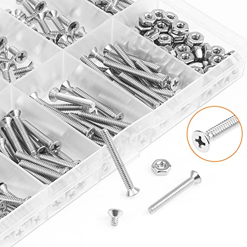 HELIFOUNER 240 Pieces #4-40 Phillips Countersunk Head Machine Screws Nuts Assortment Kit, Coarse Thread, Fully Machine Threaded, 304 Stainless Steel - size: #4-40