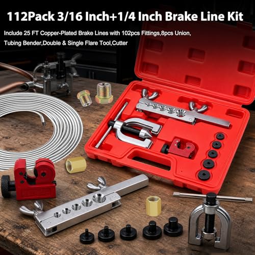 smseace 3/16 Inch+3/16 Inch Brake Line Flaring Tool Kit Include 25 FT Zinc-Plated Brake Line Kit with 94pcs Fittings,8pcs Union,Tubing Bender,Double & Single Flare Tool,Cutter - color: Silver-B, size: 3/16inch+3/16inch