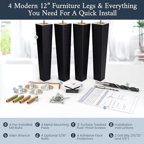 Airy Abode Premium Black Square Furniture Legs (Full Install Kit) - Pick Your Size and Color - color: Black, size: 12 Inches