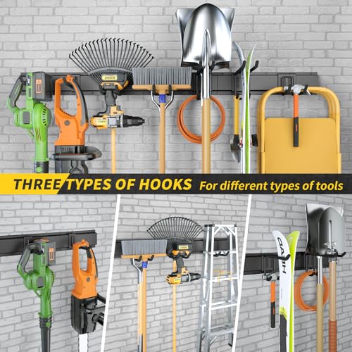 64 Inches Garage Storage, UUP Garage Organization Wall Mount Garden Tool Organizer, 620lbs Adjustable Metal Hooks, Yard Shed Rail Rack, Lawn Tool Holder for Hanging Rake Broom Mop Snowboard, Home Gift - size: 64" Alloy Steel with 4 Panels & 10 Hooks