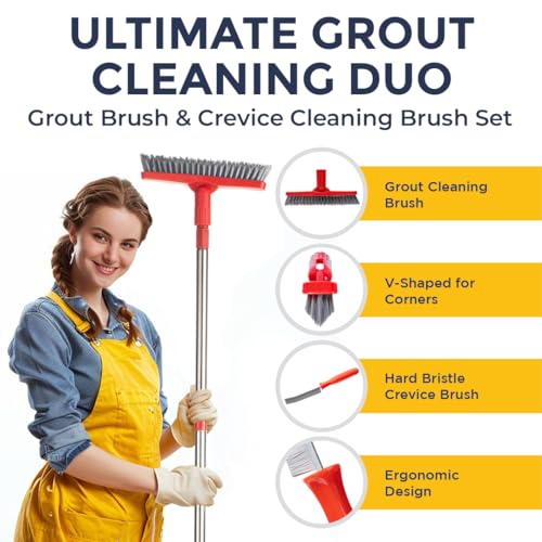 Foxtrot Living Grout Brush with Long Handle and Crevice Cleaning Brush Set - color: Crimson
