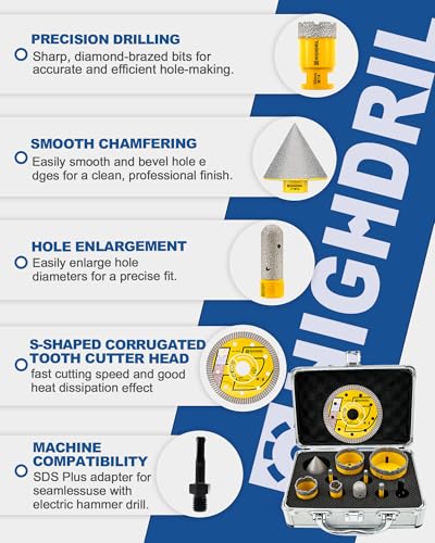 HIGHDRIL 11Pcs Diamond Hole Saw Kit for Tile Porcelain Ceramic Granite - size: Kit 4 Thread
