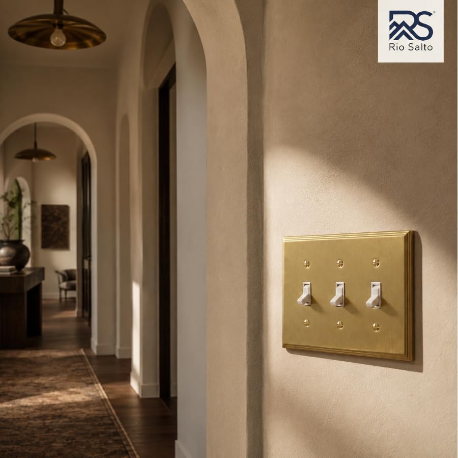 Rio Salto BRASS Gold Decorative 3 Light Switch Cover Triple Toggle Switch Plate Flip Switch Brushed Brass Gold Premium Wall Plate Covers — Deco Collection, Standard 4.50" x 6.33" - color: Toggle Switch 3-Gang (1-Pack)