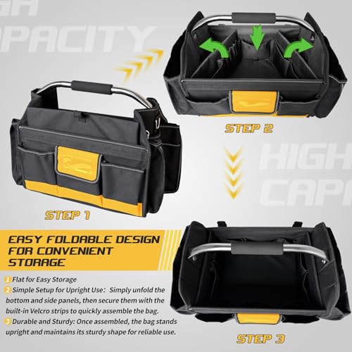 18 Inch Open Top Tool Bag, Tool Bags for Men with 30 Pockets, 1680D Waterproof Fabric, Foldable Electrician Tool Bag with Rotating Handle, Reflective Tool Organizer for Men, Yellow - color: Black-Yellow