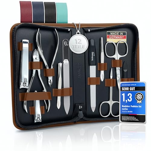 Manicure Set Women and Men – 12-Piece Professional Grooming Kit with Premium Tools, Genuine Leather Case, and exclusive Glass Nail File for Hand & Foot Care, German Quality - color: Brown