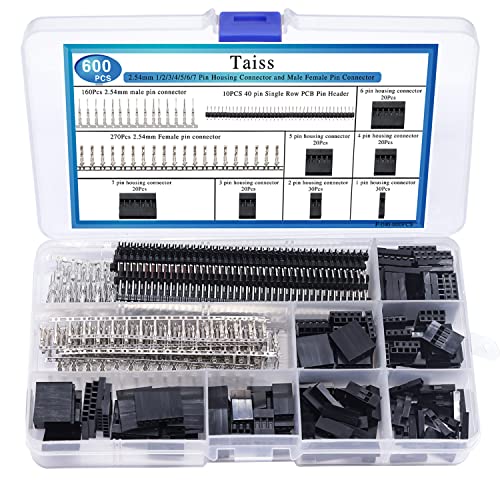 Taiss 600PCS Dupont Connector Kit - 2.54mm 1/2/3/4/5/6/7 Pin Housing Connector and Male/Female Crimp Pin, Jumper Wire Cable