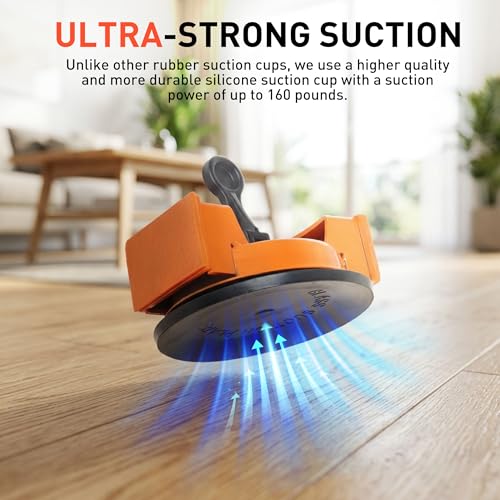 Floor Gap Fixer Tool, Heavy-Duty Plank Grabber for Laminate, LVP & Vinyl | Iron body with felt strike pads, locking suction cup and six washable adhesive pads
