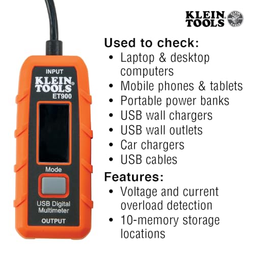 Klein Tools ET900 USB Power Meter, USB-A Digital Meter for Voltage, Current, Capacity, Energy Resistance - style: USB-A Meter