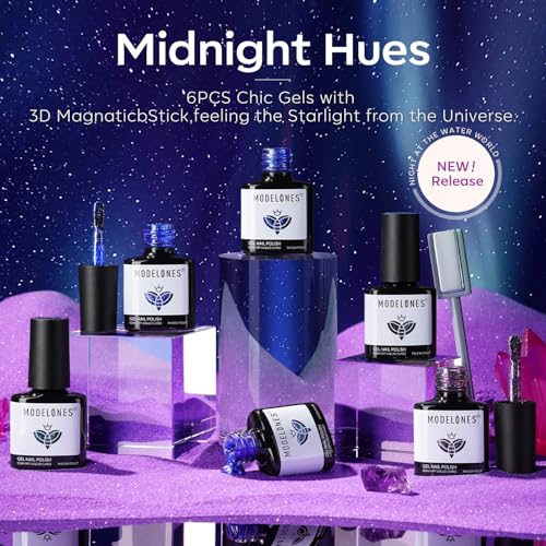 modelones Blue Cat Eye Gel Nail Polish Set, 6 Colors Glitter Magnet - color: A1-Midnight Hues