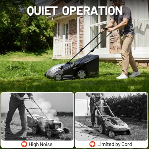 Litheli 40V Brushless Push Mower, 16″ Cordless Lawn Mower, 6 Adjustable Heights (1-3″), 50L Collection Bag & Mulching, 2×5.0Ah Batteries & Charger Included - color: Jet Black