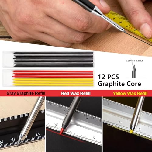 greywolf 2-Pack Carpenter Pencils, Heavy Duty Carpenter Pencils with 14 Refills, Long Tip Deep Hole Automatic Pencil Markers with Built-in Sharpener for Carpenters, Architects (Black, Red)