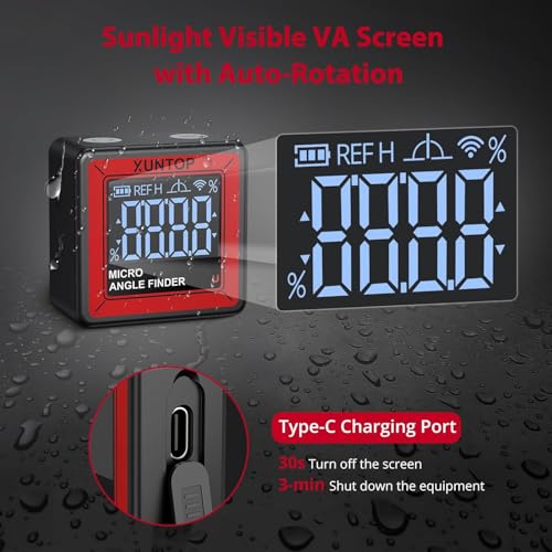 XUNTOP Small Digital Angle Finder with Bottom Strong Magnetic,4 * 90° Range | Angle Gauge with AV Display,Rechargeable Inclinometer Level Box for Woodworking,Table Saw,Knife Sharpening,Machinery Repair