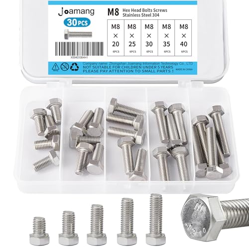 M8 x 20mm 25mm 30mm 35mm 40mm Hex Bolts, Hexagon Head Screws, 304 Stainless Steel(A2-70), Metric Fully Thread, Bright Finish, Assortment Kit 30PCS - size: M8x20-40mm(30PCS)