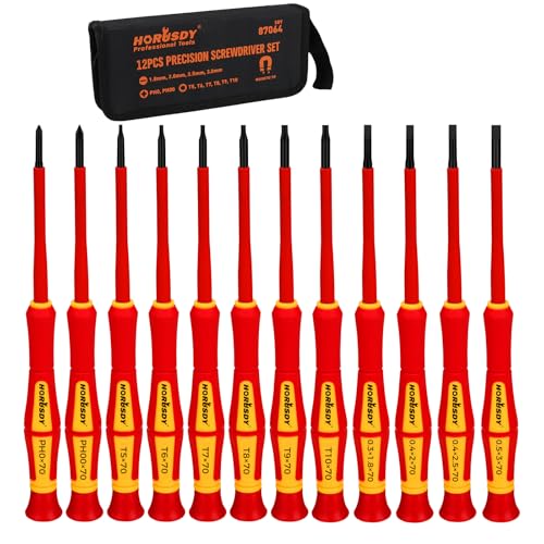 HORUSDY 12-Piece Precision Screwdriver Set, 1000V Insulated Electrician Screwdrivers with Magnetic Tips & Rotatable Top Cap, Phillips PH0/PH00, Slotted 1.8–3mm & Torx T5–T10 with Portable Storage Bag - style: 12-Piece Precision Screwdriver Set