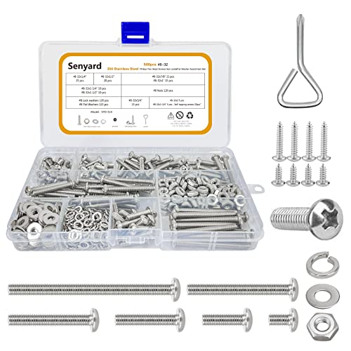 500pcs Machine Screws Assortment Kit,#8-32 Phillips Pan Head nut and Bolt Assortment Kit (with Lock&Flat washers・Wrenches) Stainless Steel Screws Bolt nut washers Assortment kit with case - size: #8-32, style: Pan head