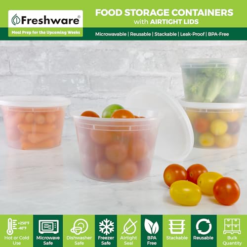 Freshware Food Storage Containers [50 Set] 16 oz Plastic Deli Containers with Lids, Slime, Soup, Meal Prep Containers | BPA Free | Stackable | Leakproof | Microwave/Dishwasher/Freezer Safe - color: Clear, size: 16 oz - 50 Sets