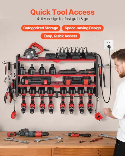 VEVOR Power Tool Organizer with Charging Station, 4-Layer Drill Storage Rack with 8 Drill Holders & Side Pegboard, Garage Tool Organizer Built in 8 Outlet Power Strips for Garage, Workbench, Workshop - size: 4-Layer 8 Drill