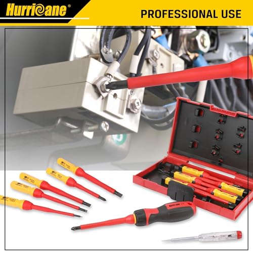 HURRICANE 13 Piece 1000V Insulated Electrician Screwdriver Set, Cr-V Magnetic Tip. 4 slotted, 2 Phillips, 2 Pozidriv, 3 Torx, 1 Electroprobe, and 1 handle. Ideal for Professional & Home Repair - size: 13 Piece Basic Insulated Screwdriver Set