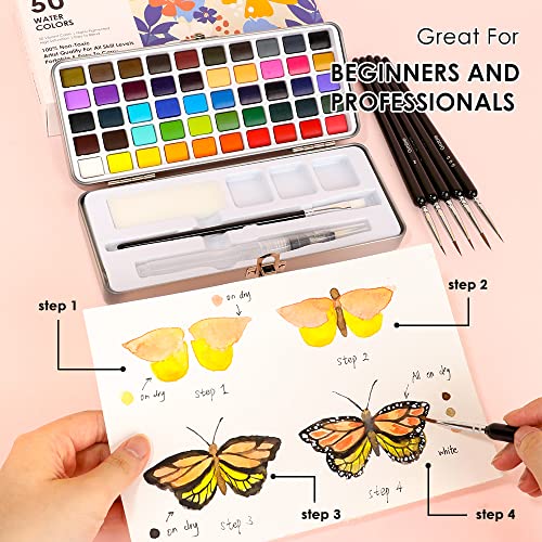 Grabie 50 Color Watercolor Paint Set with Brush Pens - color: 50 Colors