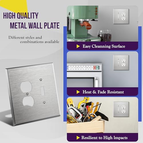 ENERLITES Combination Toggle & Duplex Metal Wall Plate, Oversize, Silver - color: Stainless Steel, size: Over-Size