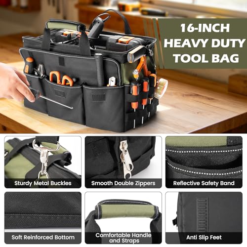 VJI 16" Portable Heavy Duty Tool Bag with Adjustable Shoulder Strap, Green - color: Green, size: Medium