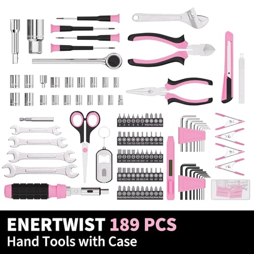ENERTWIST 189 PCS Pink Tool Kit, Household Hand Repair Tool Set Ideal Gif