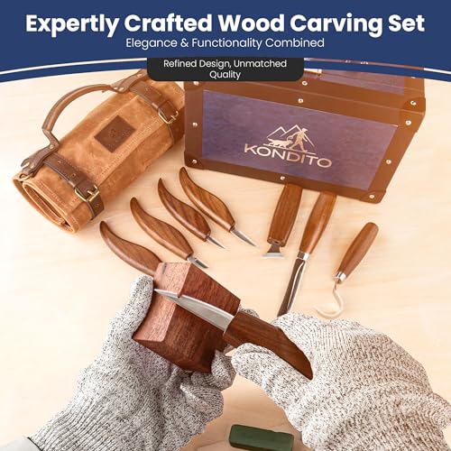 KONDITO Complete Wood Carving Kit – Premium Carving Knives Set with 7Cr17 Steel Blades, Safety Gloves, Honing Strop, Roll Bag & Gift Storage Case – Woodworking Tool Set for Adults & Beginners