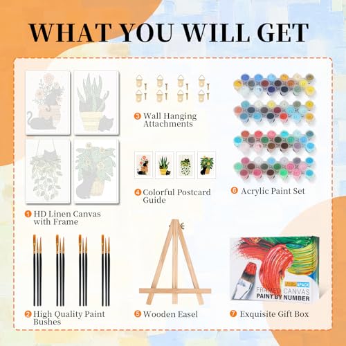 4 Pack Paint by Numbers Kit for Adults with Frame, Black Cat & Green Plant - color: OP4FUS2506-04