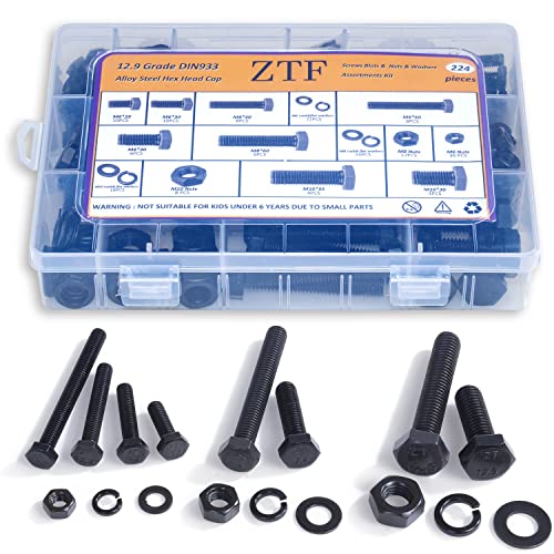 224 PCS Metric M6 M8 M10 Heavy Duty Hex Cap Bolts and Nuts Flat & Lock Washers Assortment Kit, 12.9 Grade Alloy Steel Metric Fully Thread Hexagon Allen Machine Bolt, 8 Most Common Sizes, DIN 933 - style: black-M6 M8 M10 Hex Bolts