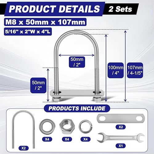 2 Sets M8 U Bolts 2 Inch Wide, 5/16" x 2"W x 4" L | 304 Stainless Steel U Bolt Heavy Duty for boat trailer with Nuts, Bolt Plate and Washers,2” u bolt,Metric bolts - size: M8 x 50mm x 107mm