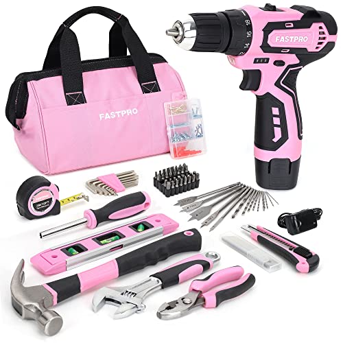 FASTPRO 12V Pink Drill Set for Women, Home Tool Set with Bag - color: Pink