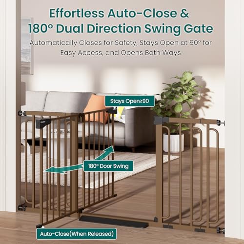 Cumbor 30.4-56.8" Extra Wide Baby Gate, Auto Close Dual Lock Dog Gate Brown - color: Brown, size: 30.4"-56.8" W x 30.5" H