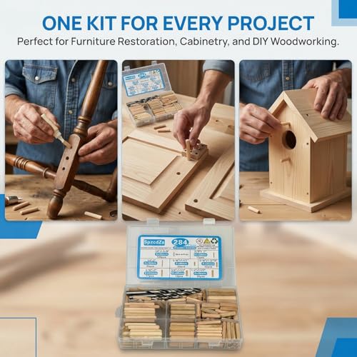 284Pcs 8-Size Wood Dowels Kit with 3 Drill Bits for Woodworking