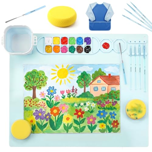 Zimuvora Silicone Painting Mat Set, Paint Mats for Kids with Foldable Silicone Cup, 4 Detail Paint Brushes, 2 Sponge Pads, Apron & Mixing Tool, Washable Art Table Mat (Blue) - color: Blue