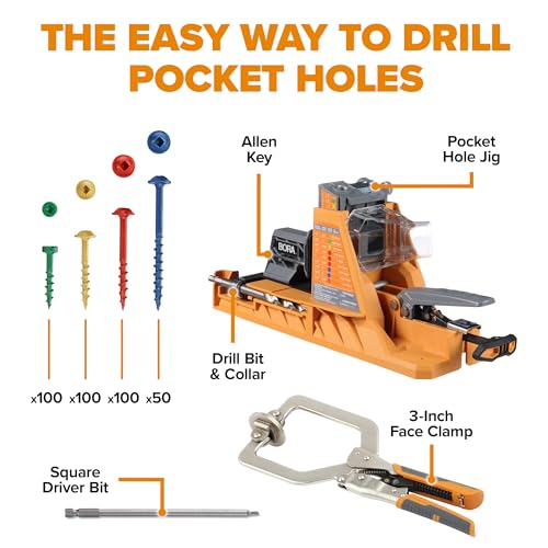 BORA Automatic Pocket Hole Jig Kit with 350 pc Screw Set - size: Auto Jig w/ 2X 3" Clamps & 350pc Screws