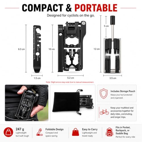 38-in-1 Bike Multitool – Portable Magnetic Bike Repair Tool Set with Tire Levers, Chain Cutter, Hex Wrenches, Spoke Wrenches, Box Spanner, Bottle Opener, and Includes Storage Bag