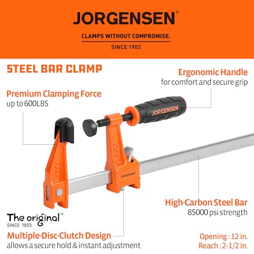 JORGENSEN 2-Pack 12" 600LB Medium Duty Steel Bar Clamps for Woodworking