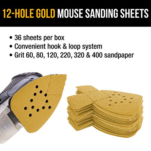Dura-Gold Premium Mouse Detail Sander Sandpaper, 36 Assorted Grit Sanding Sheets 60, 80, 120, 220, 320, 400-12 Hole Pattern Hook & Loop Triangle Mouse Discs - Fits Black and Decker Woodworking Auto - size: Variety Pack