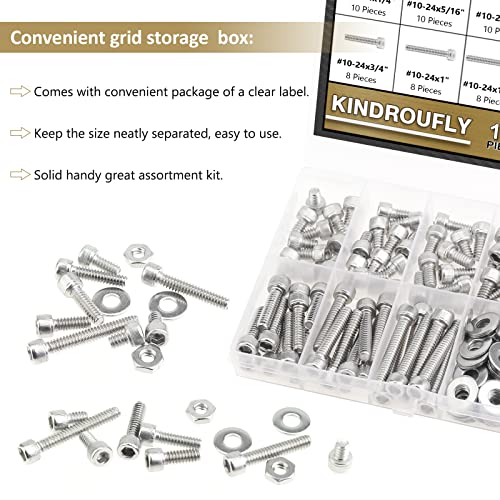 142 Pieces #10-24 x 1/4", 5/16", 3/8", 1/2", 5/8", 3/4", 1", 1-1/4", Hex Socket Head Cap Screws Nuts Washers Assortment Kit, 304 Stainless Steel, Fully Machine Thread - size: #10-24, style: Socket Head