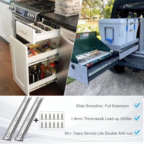 Thickened 200Lbs Heavy Duty Drawer Slides 1 Pair 10 12 14 16 18 20 22 24 32 40 Full Extension Ball Bearing Sliding Rails Cabinet Tool Box Runners Tracks Glides (14" L) - size: 14Inch, style: W:51mm